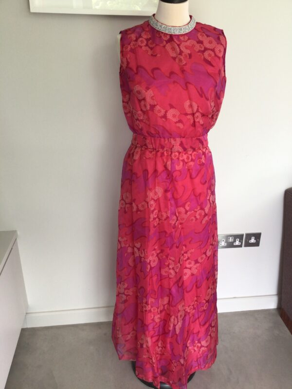 70s Peter Barron England psychedelic print sleeveless maxi dress, current UK 14