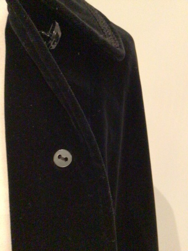 Vintage 70s Dereta, England black cotton velvet midi cape, collar, braid trim, slit pockets, free size - Image 7