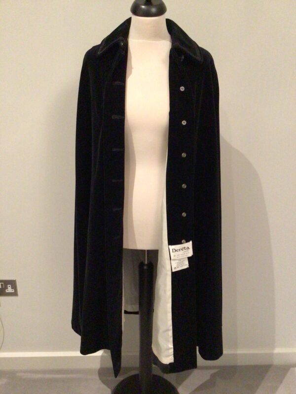Vintage 70s Dereta, England black cotton velvet midi cape, collar, braid trim, slit pockets, free size - Image 8