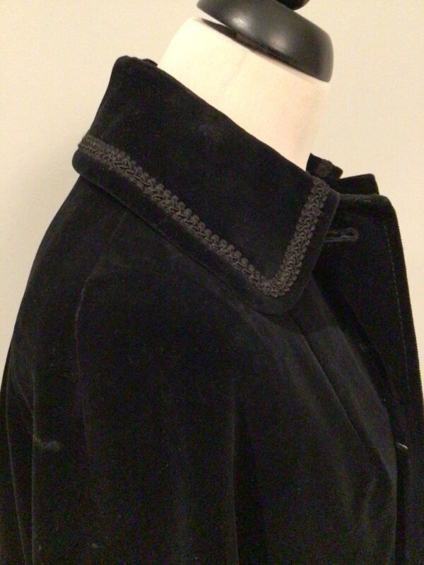 Vintage 70s Dereta, England black cotton velvet midi cape, collar, braid trim, slit pockets, free size - Image 4