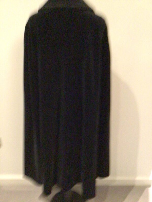 Vintage 70s Dereta, England black cotton velvet midi cape, collar, braid trim, slit pockets, free size - Image 5