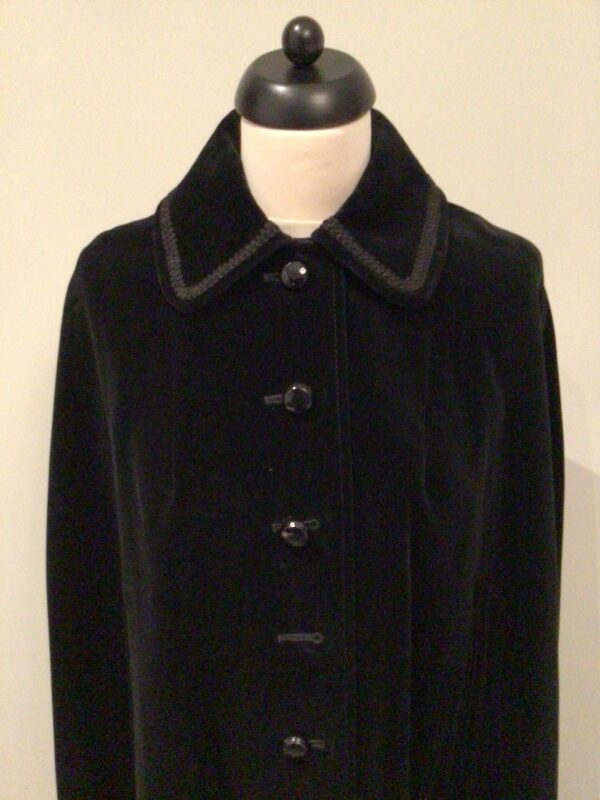 Vintage 70s Dereta, England black cotton velvet midi cape, collar, braid trim, slit pockets, free size - Image 3