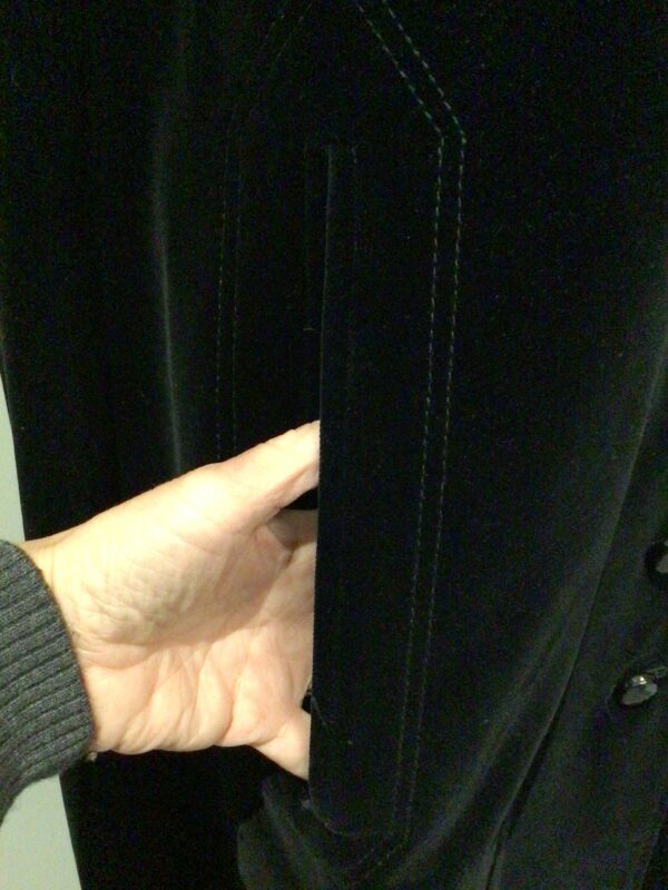 Vintage 70s Dereta, England black cotton velvet midi cape, collar, braid trim, slit pockets, free size - Image 6