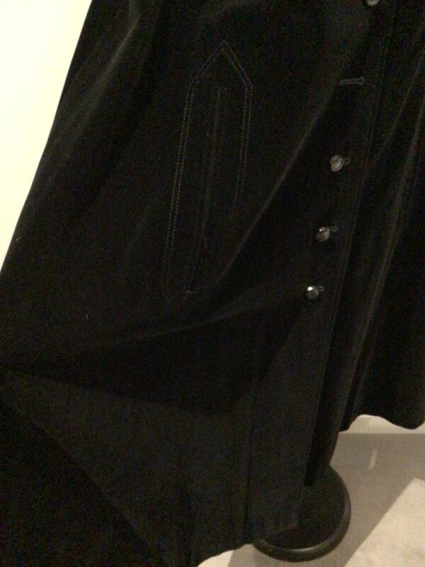 Vintage 70s Dereta, England black cotton velvet midi cape, collar, braid trim, slit pockets, free size - Image 10