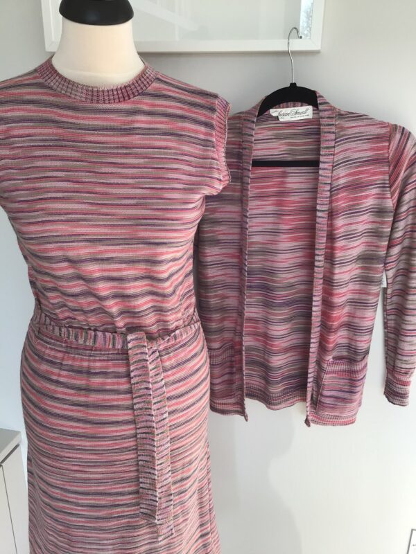 Vintage 80s Susan Small, England candy stripe knit 3 piece/ sleeveless dress, long cardi & belt, very Missoni… current UK 8/10